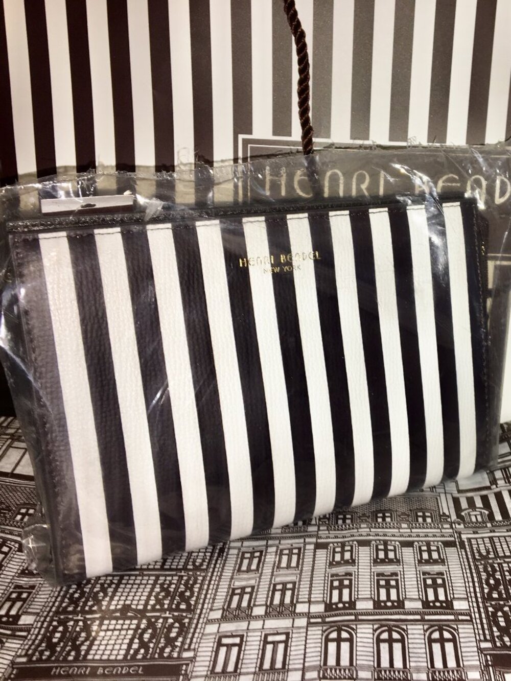 New! Henri Bendel Small West 57th Leather Cosmetic Clutch in Centennial Stripe